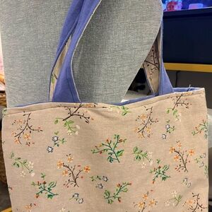 Floral Beige Tote Bag with Blue Accents